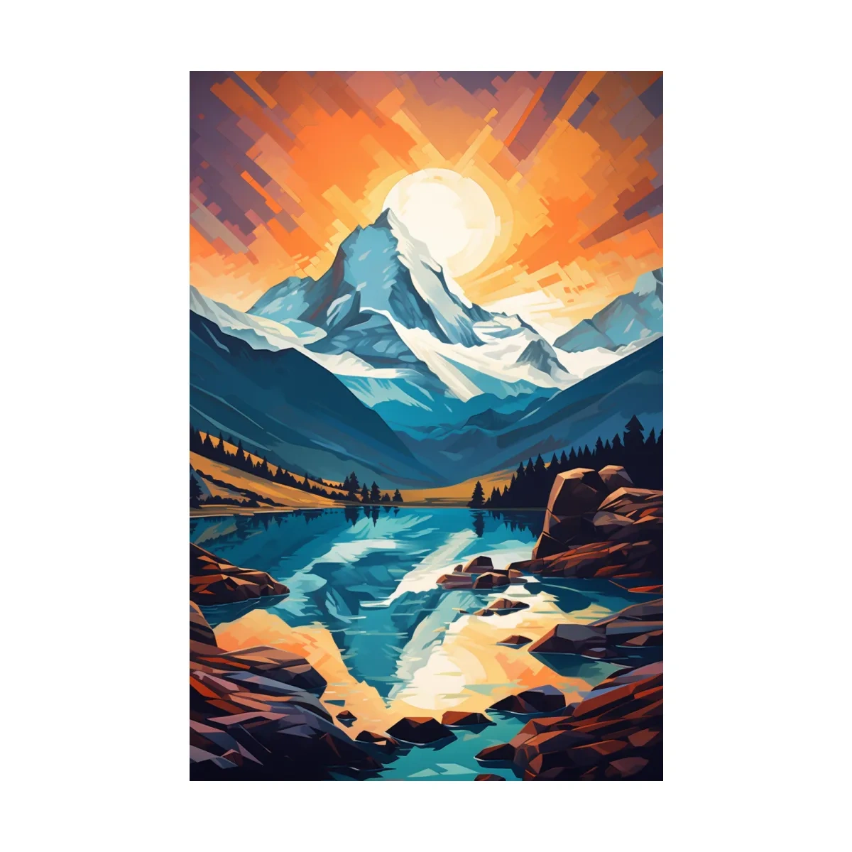 Vibrant Geometric Alpine Glacier Sunrise - Abstract Lake Landscape Wall Art