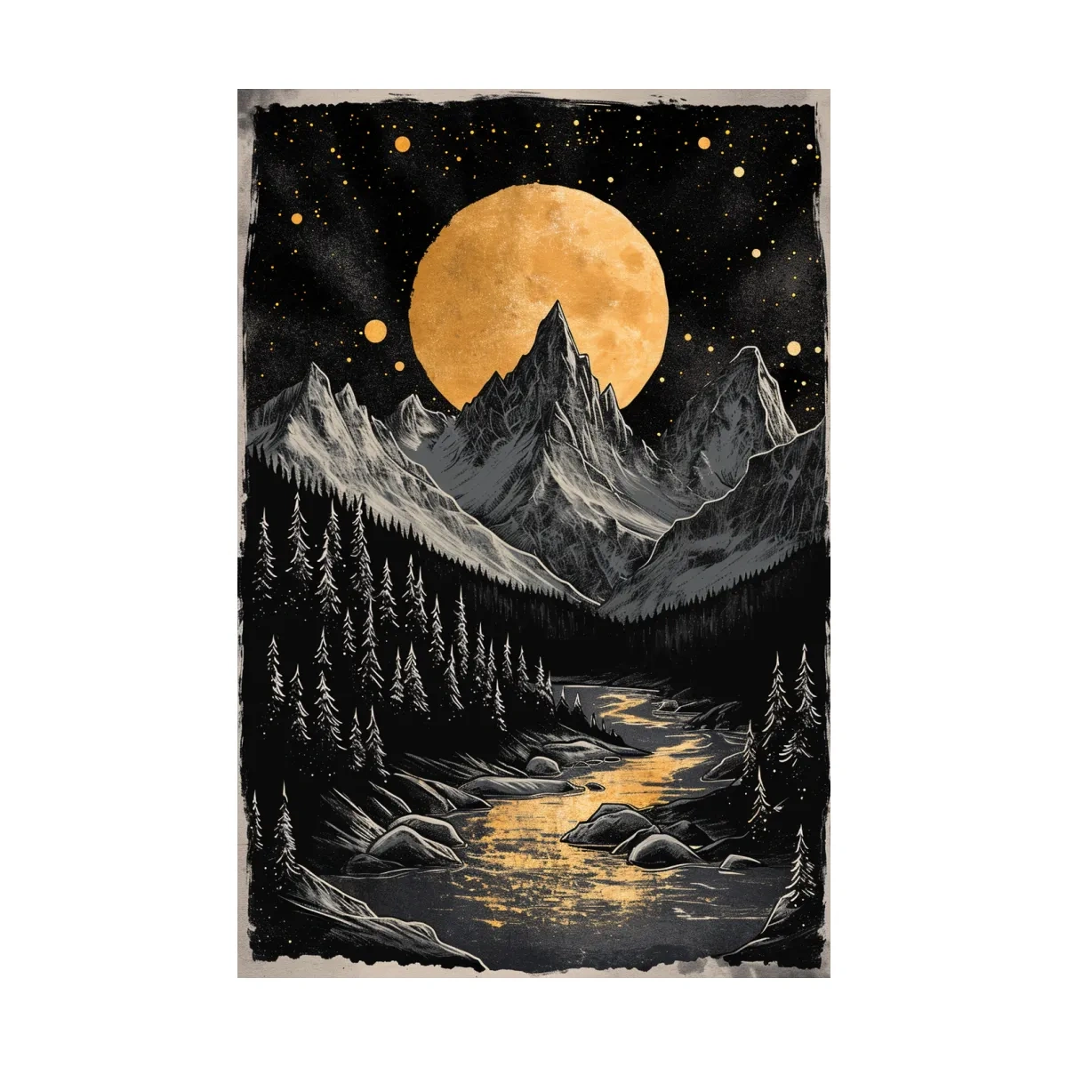 Moonlit alpine scene, dramatic glacier and moon artwork