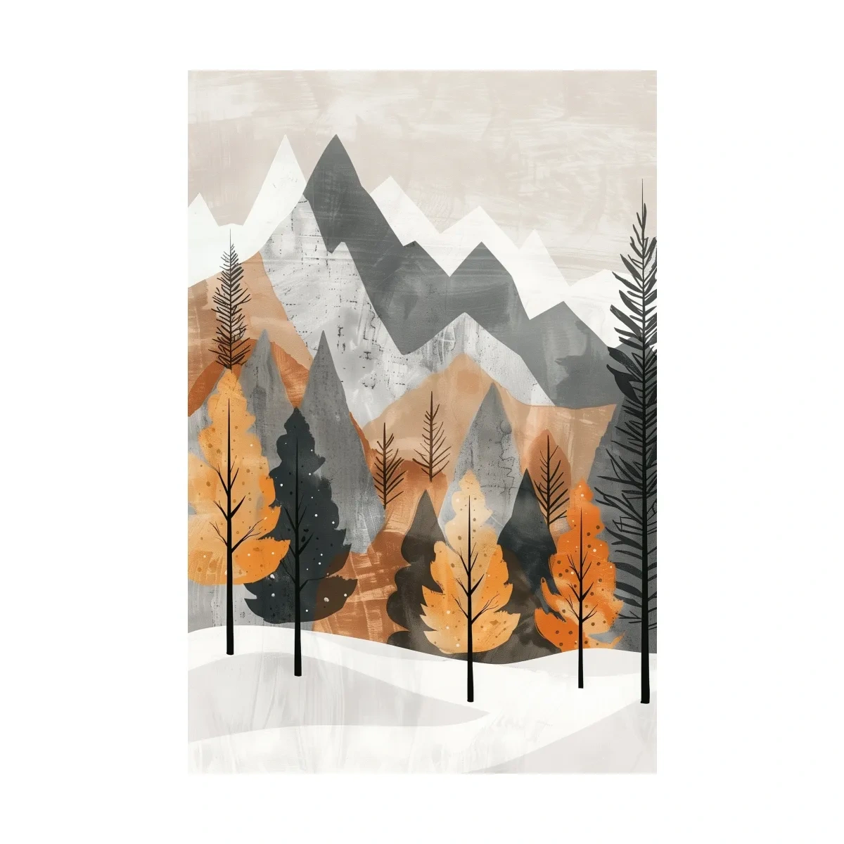 Scandinavian style forest artwork, alpine mountains in fall