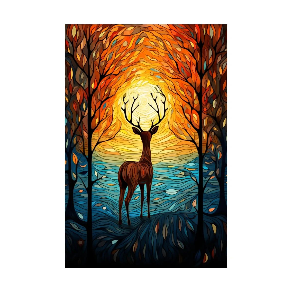 Glowing Autumn Forest Deer Silhouette - Vibrant Stained Glass Style Wall Art