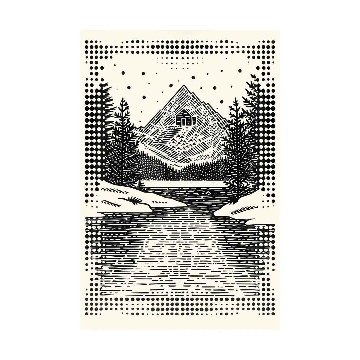 Alpine cabin artwork, linocut style optical illusion art