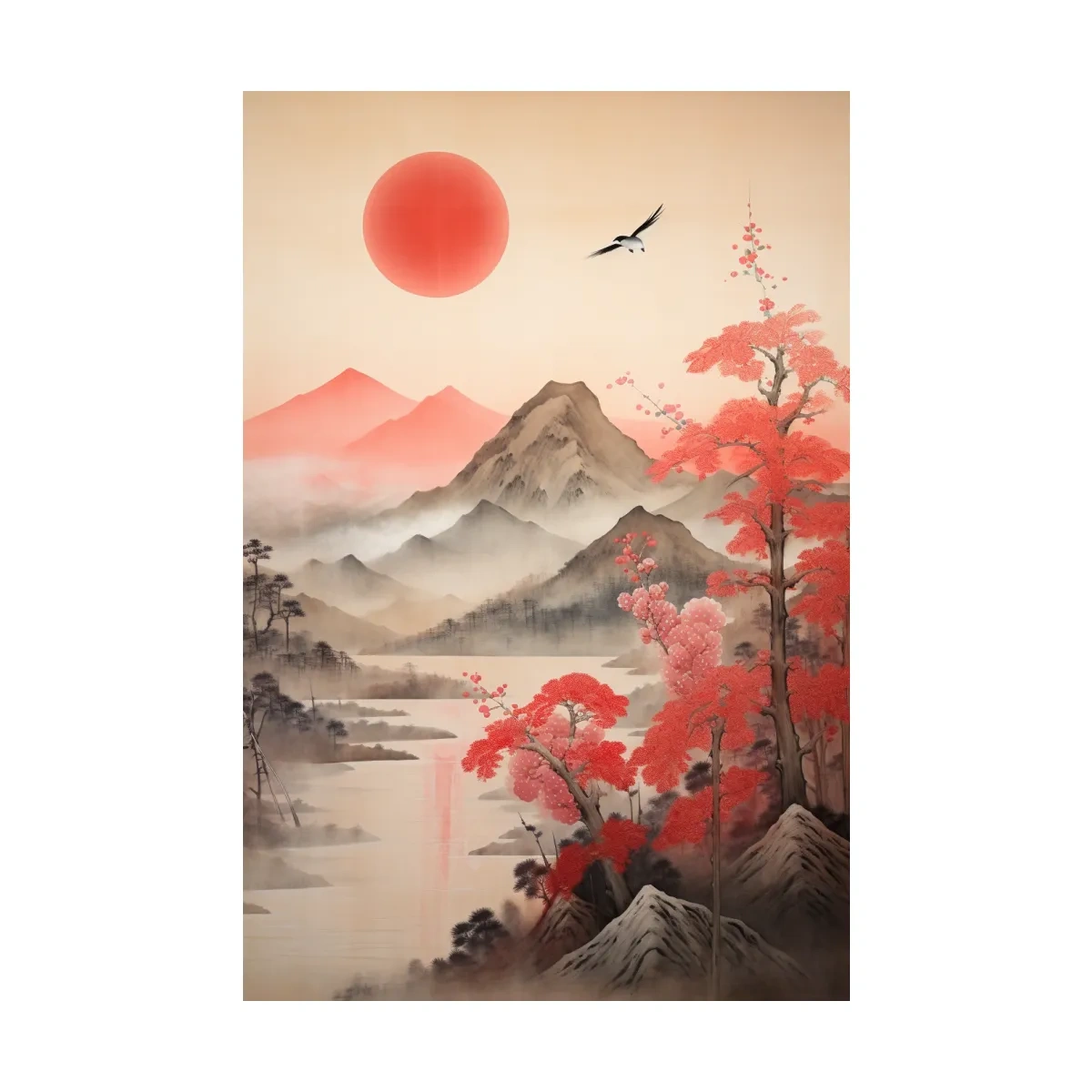 Japanese Ink Wash Mountain Sunrise - Sakura Cherry Blossom Wall Art
