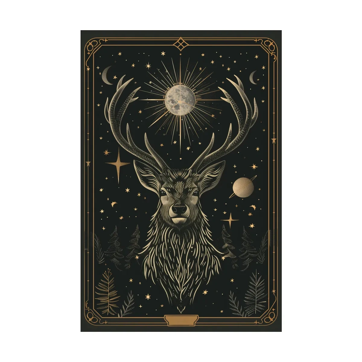 Elegant deer head tarot card style art, planetary solar system