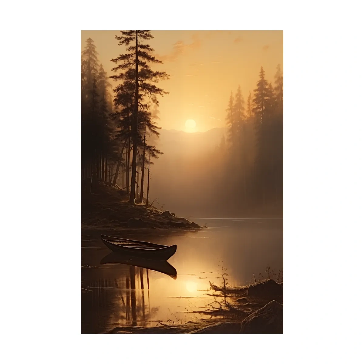 Misty Golden Lake Sunrise With Canoe - Serene Pine Forest Mountain Landscape Wall Art
