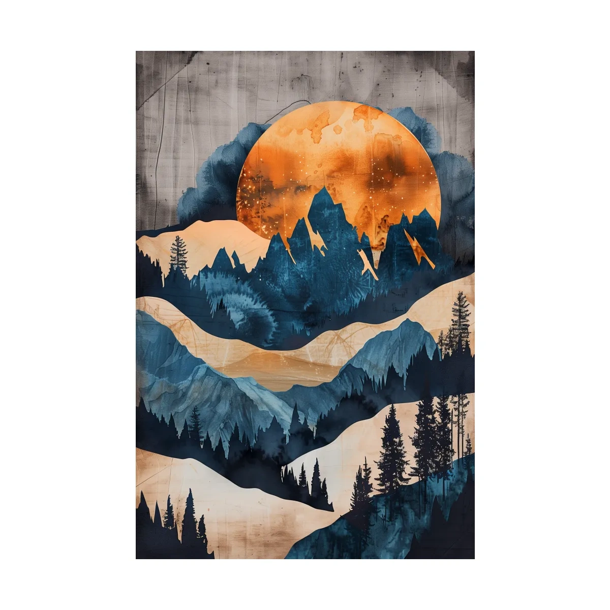 Abstract mountain and forest artwork at sunset, mixed media watercolor style art