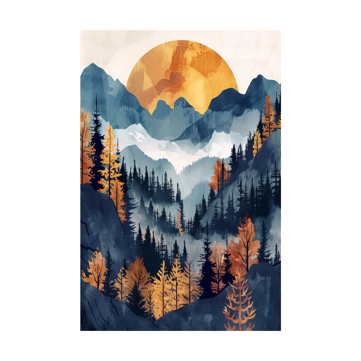 Foggy Autumn Alpine Forest Sunset - Modern Watercolor Mountain Wall Art
