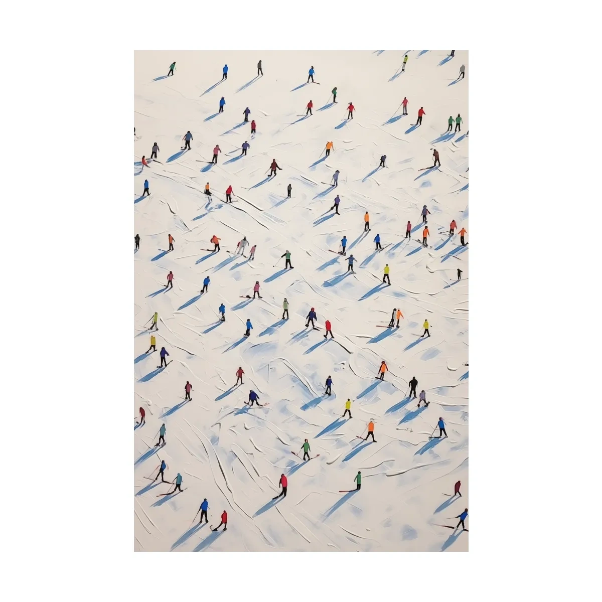 Lots of little skiers in a ski resort, textured painting effect