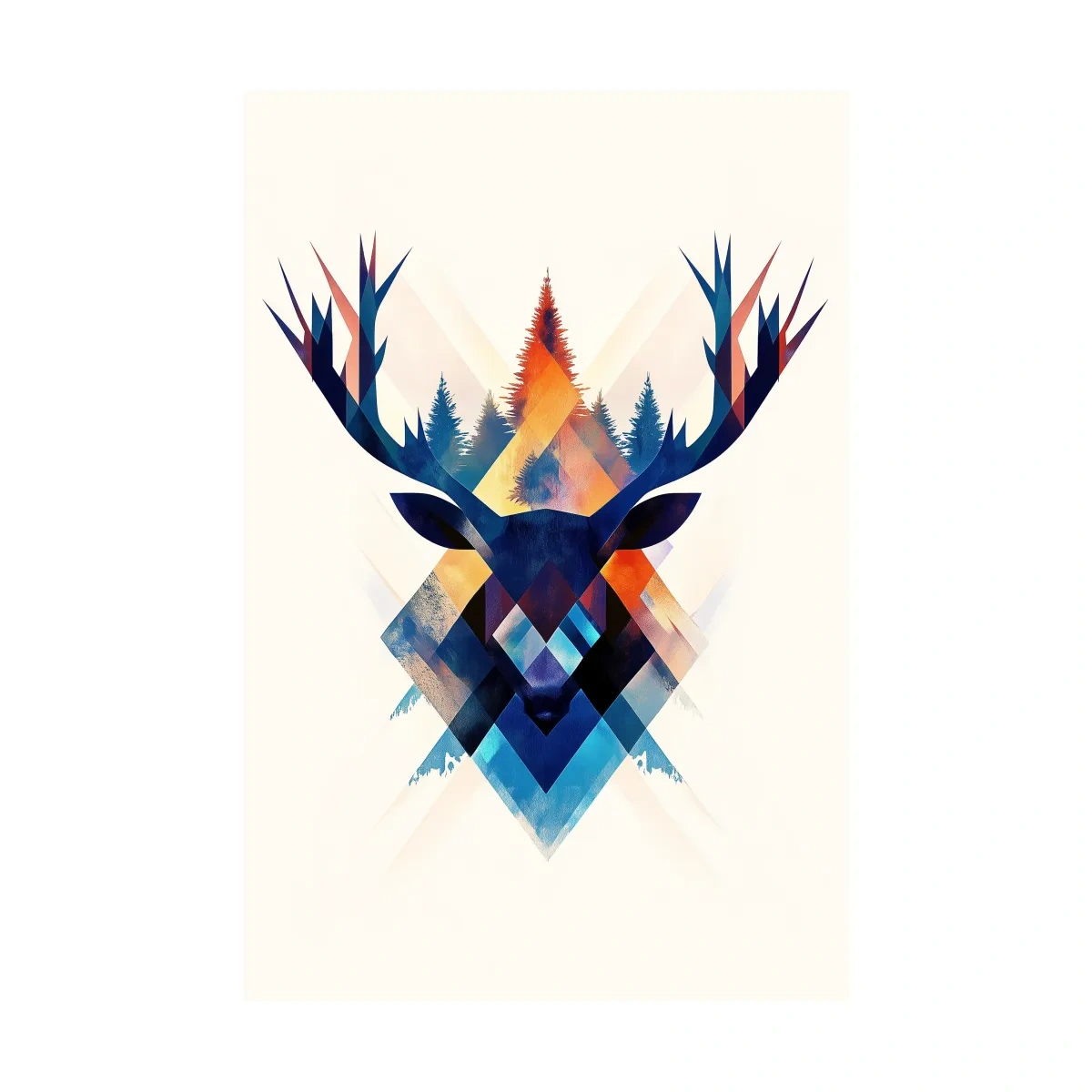 Geometric Watercolor Deer Head Silhouette - Modern Wildlife Forest Wall Art