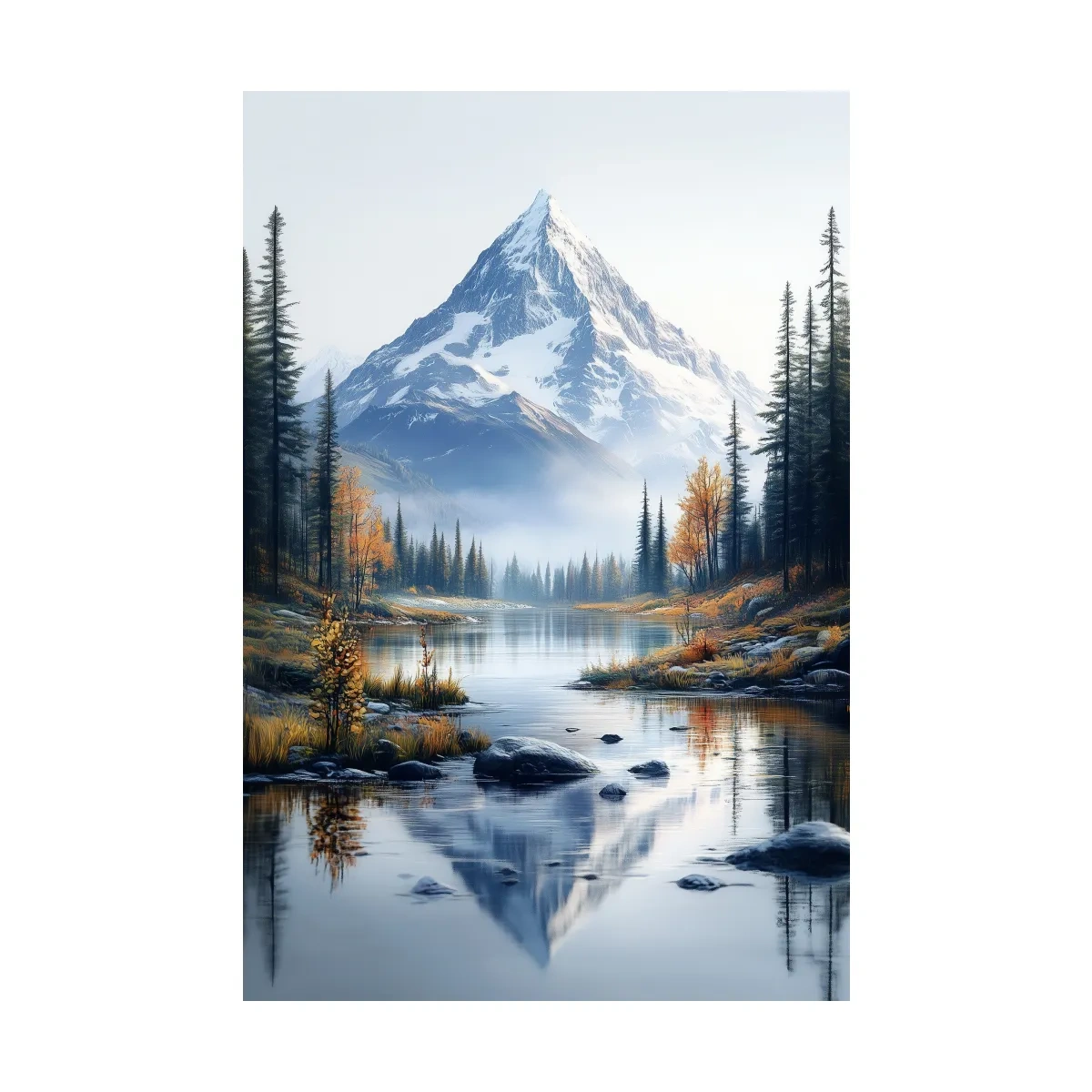 Majestic Snowcapped Mountain Lake Artwork - Serene Alpine Meadows Wall Art