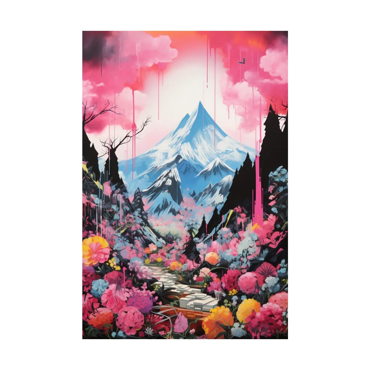 Energetic illustration of pink alpine flowers by a glacier