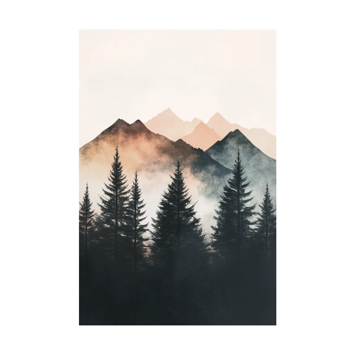 Foggy alpine forest watercolor painting, mountain art