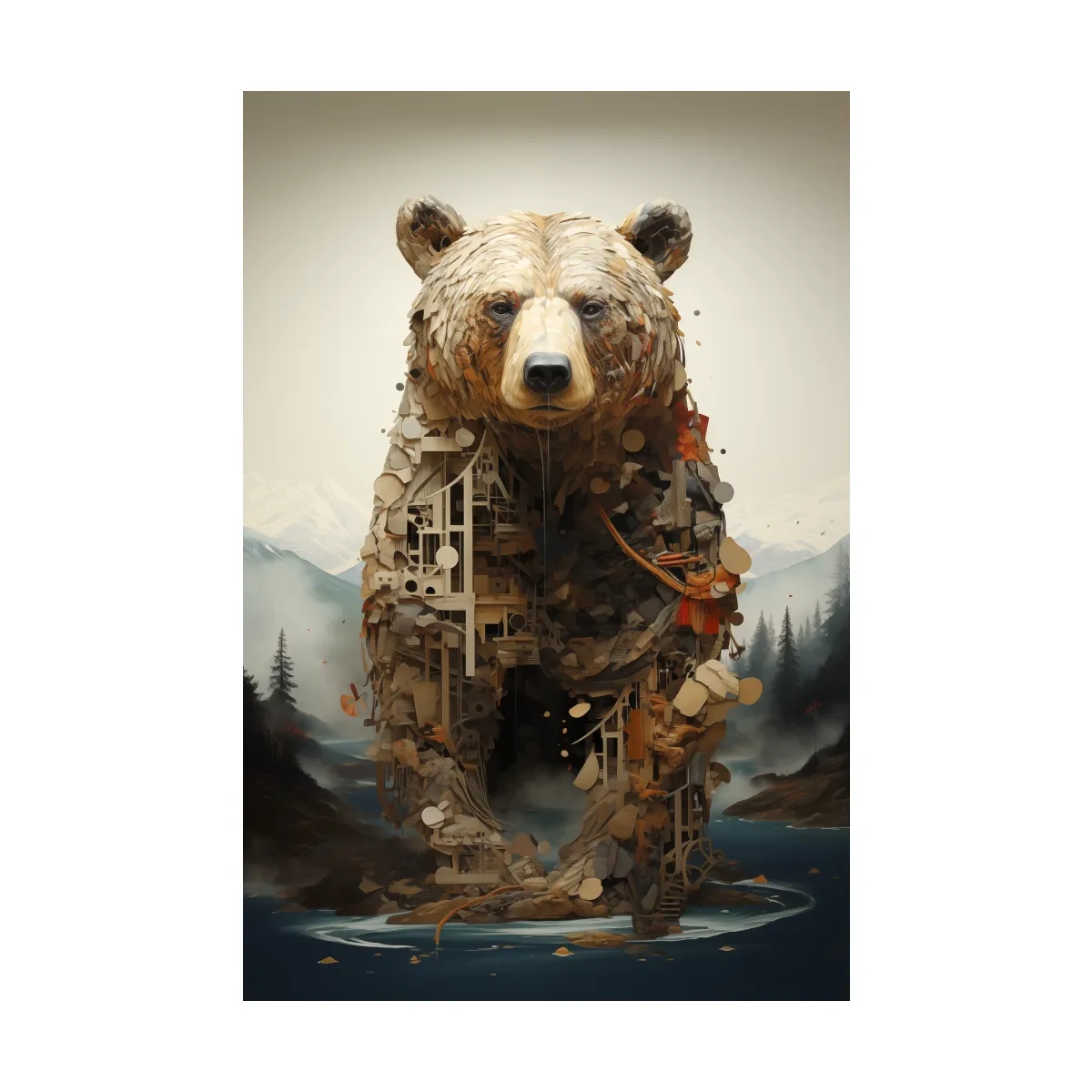 Surreal Grizzly Bear Collage Illustration - MC Escher Style Wildlife Wall Art