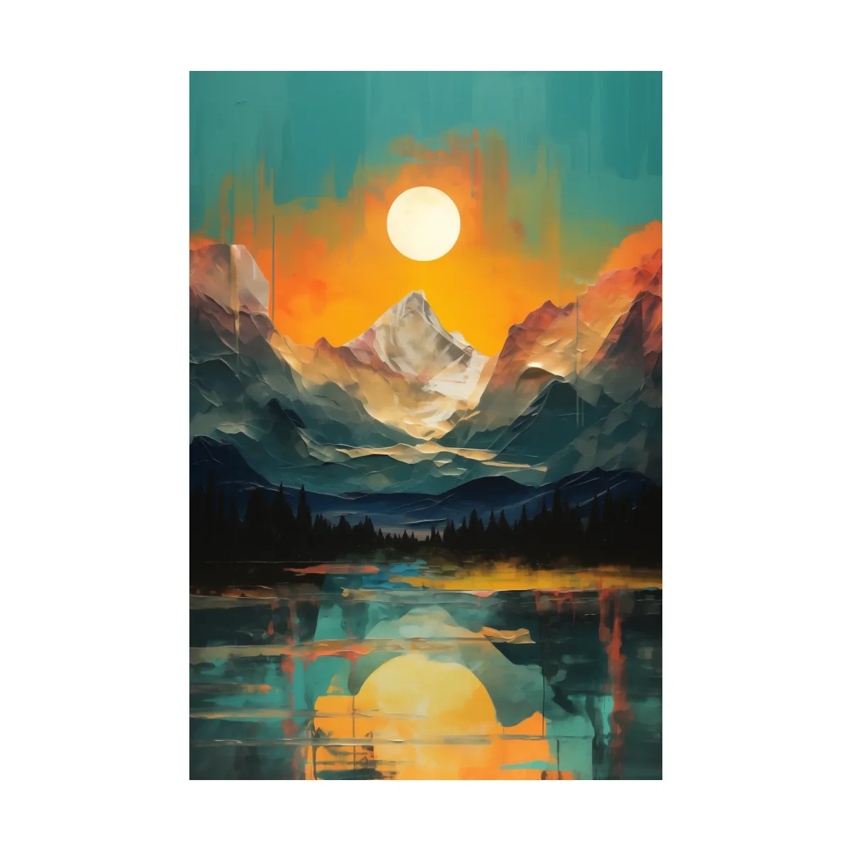 Oil painting artwork print of a mountain scene at sunset