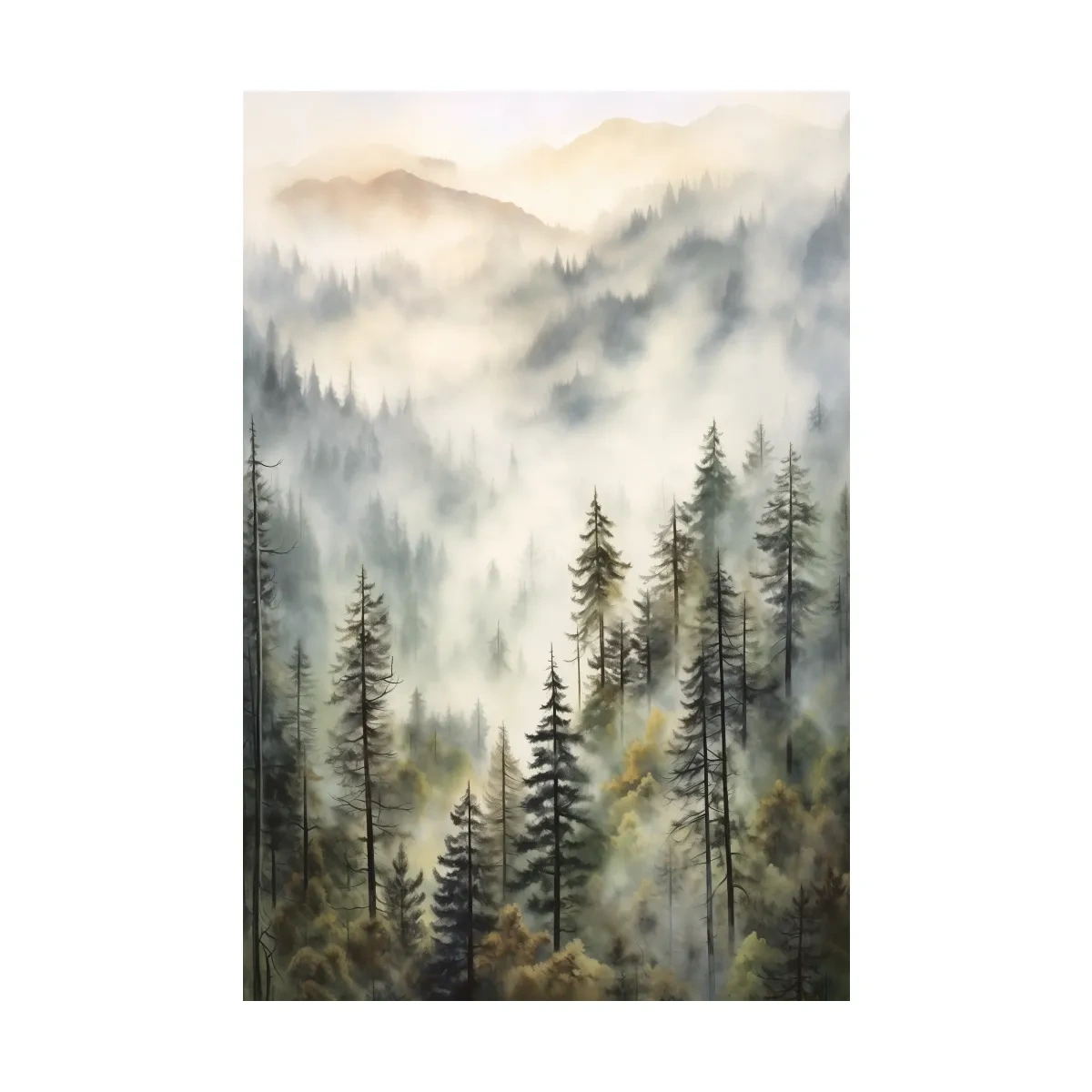 Misty Pine Forest Mountains Watercolor - Serene Foggy Landscape Wall Art