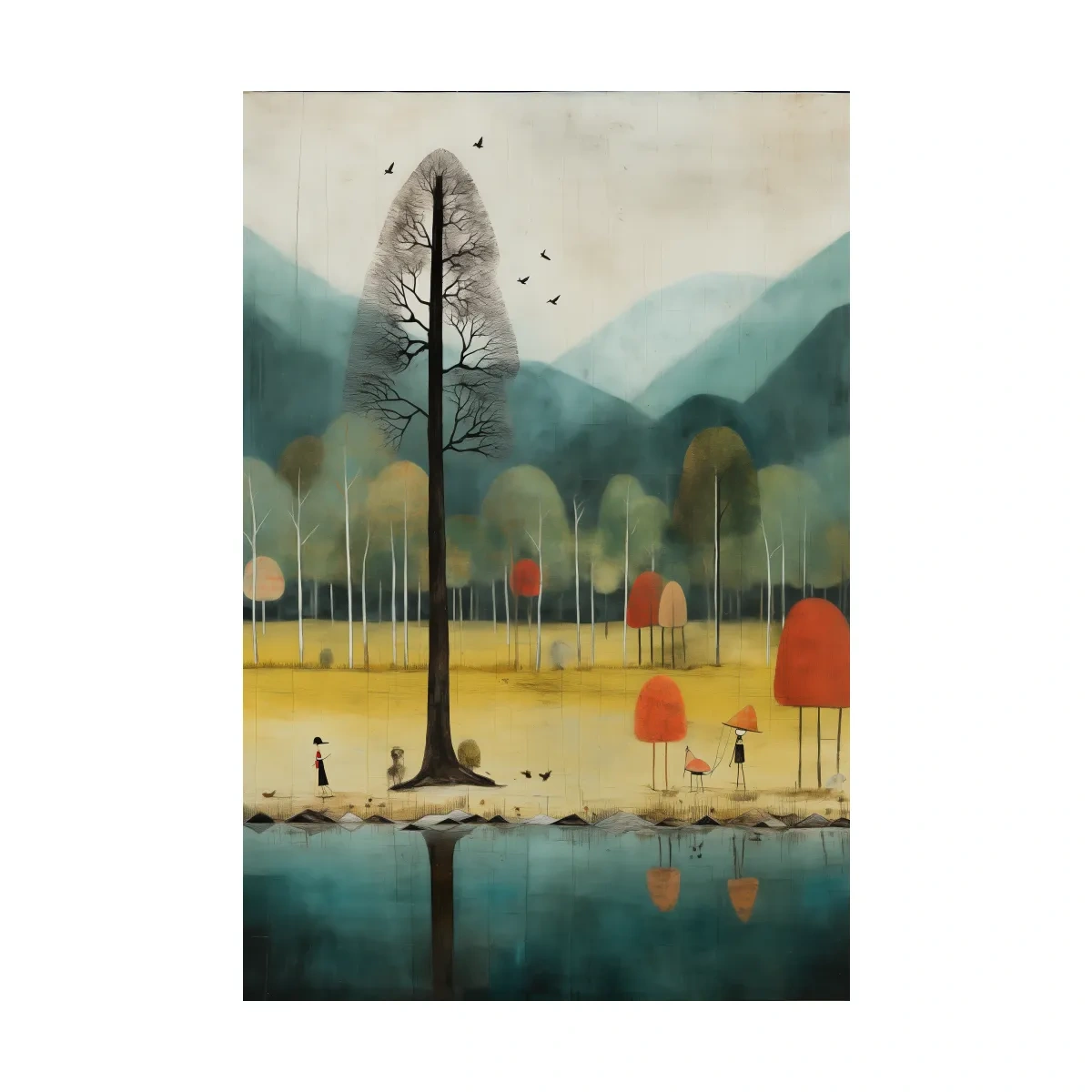 Whimsical Autumn Forest Lake Landscape - Quirky Nature Wall Art
