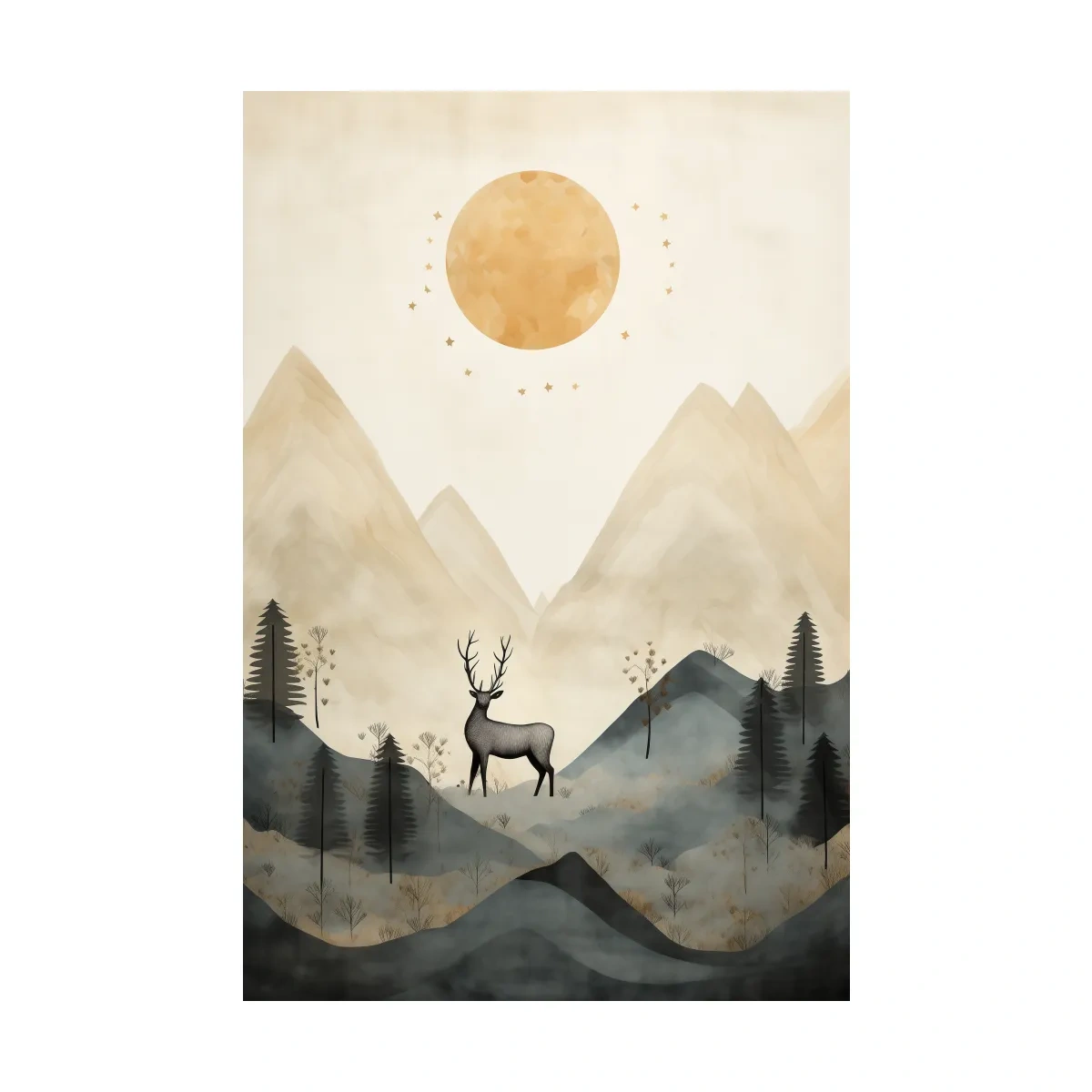 Deer standing in the forest under the night sky, quirky illustration art