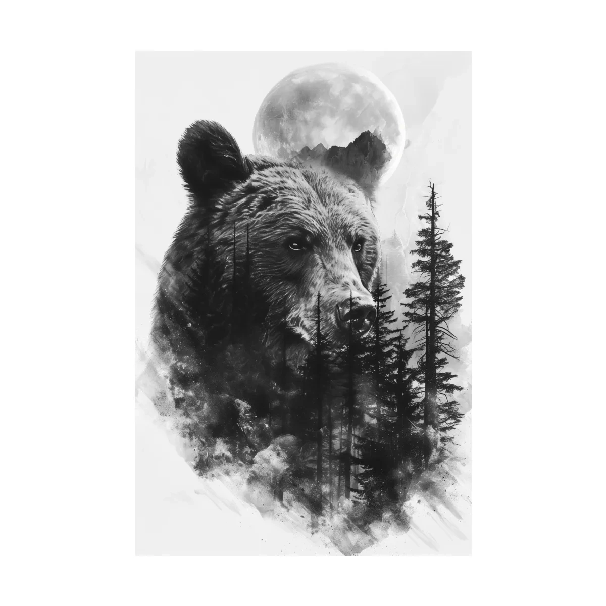 Grizzly Bear Moon Forest Drawing - Black And White Double Exposure Wildlife Wall Art