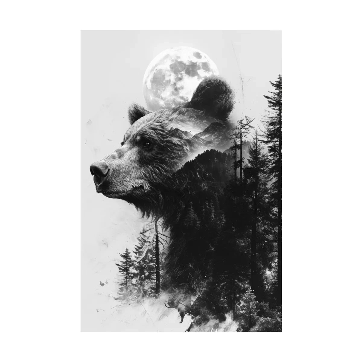 Grizzly Bear Double Exposure Drawing - Moonlit Pine Forest Wildlife Wall Art