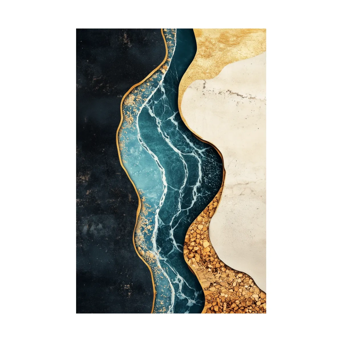 Fluid elegant artwork, blue marble river flowing through textured earth tones