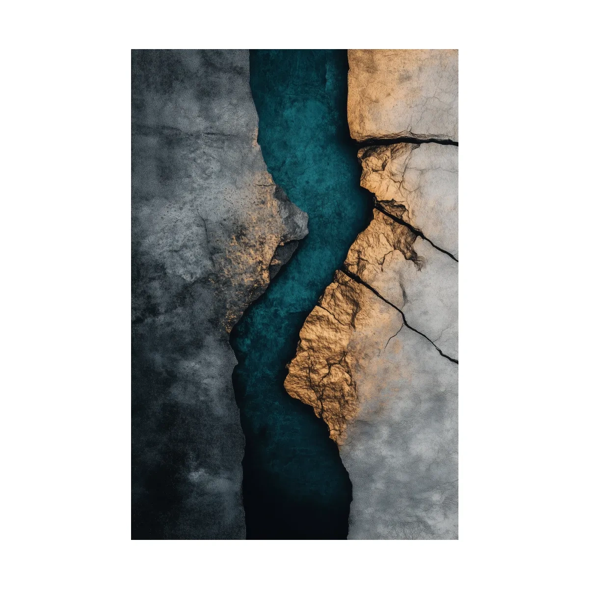 Cracked stone and turquoise abstract wall art, natural geological textured artwork