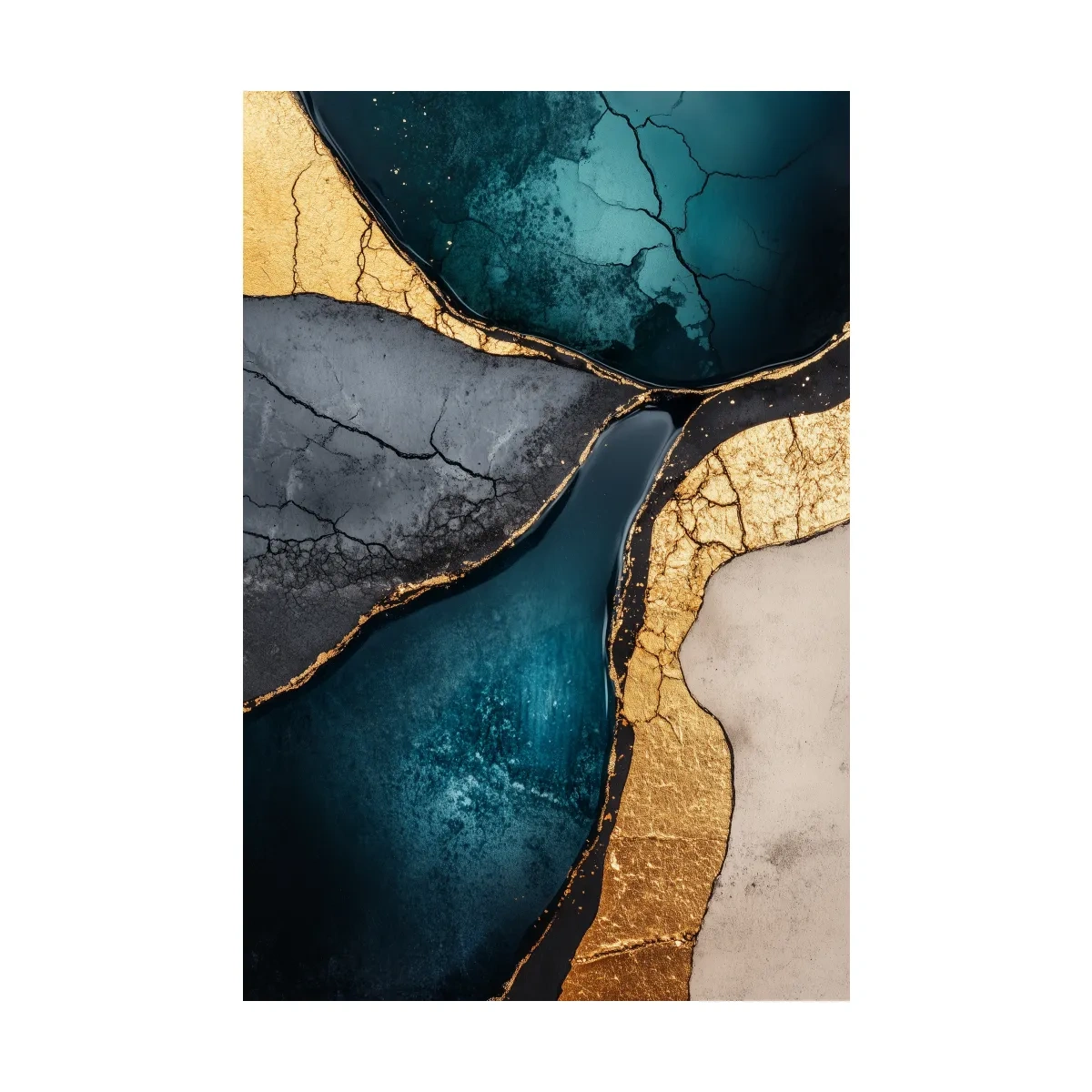 Elegant wall art, gold and teal cracked natural texture elements