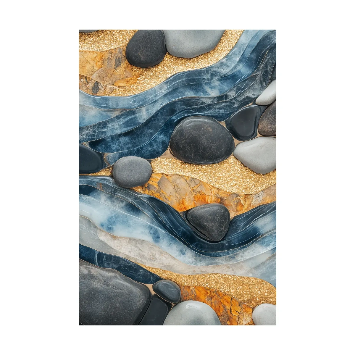 Natural stone and river rock wall artwork, abstract layered design