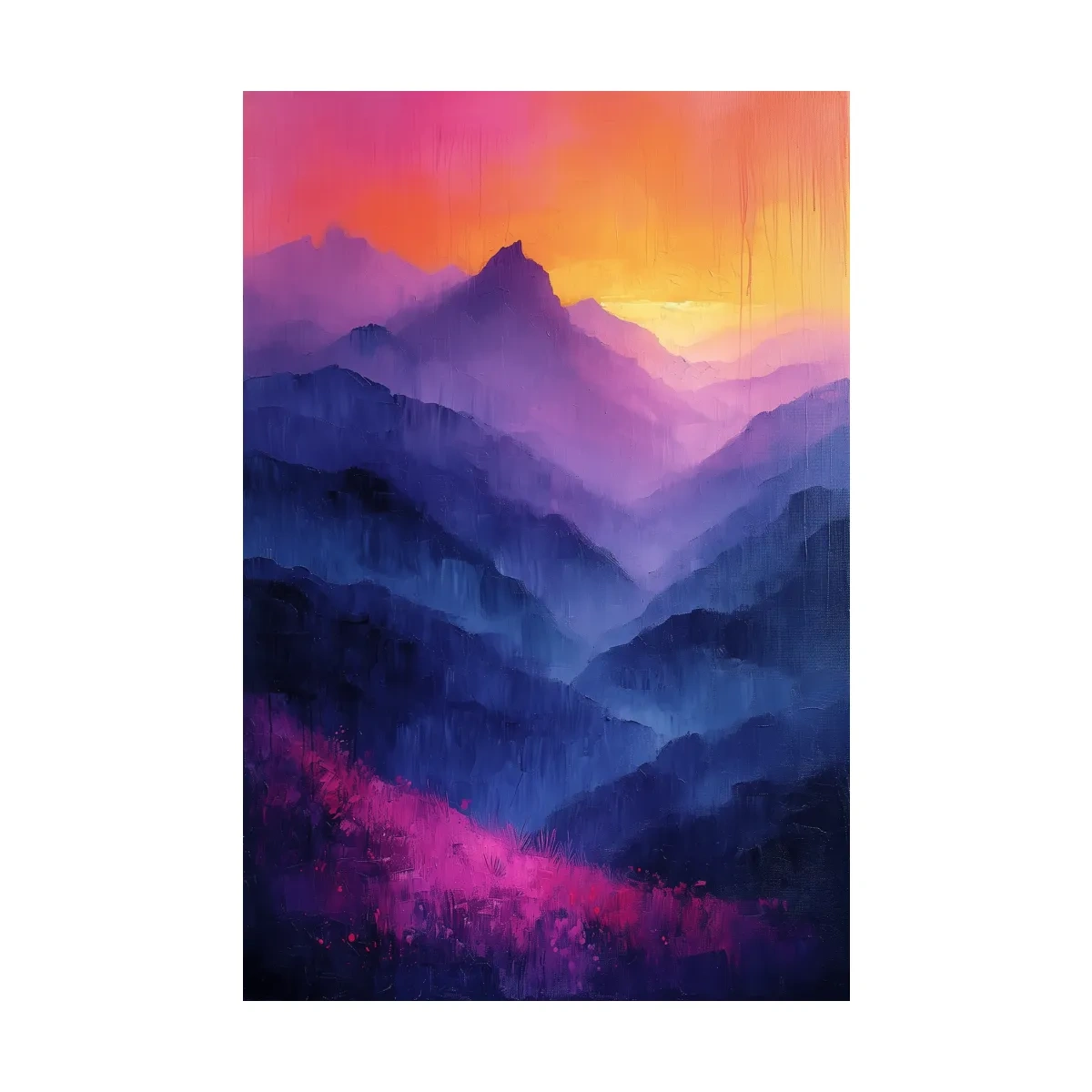 Colorful mountain sunset artwork, vibrant oil painting effect