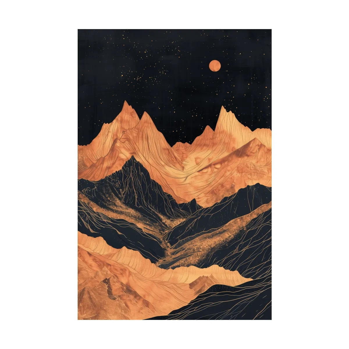 Moonlit elegant mountain artwork, metallic block print effect