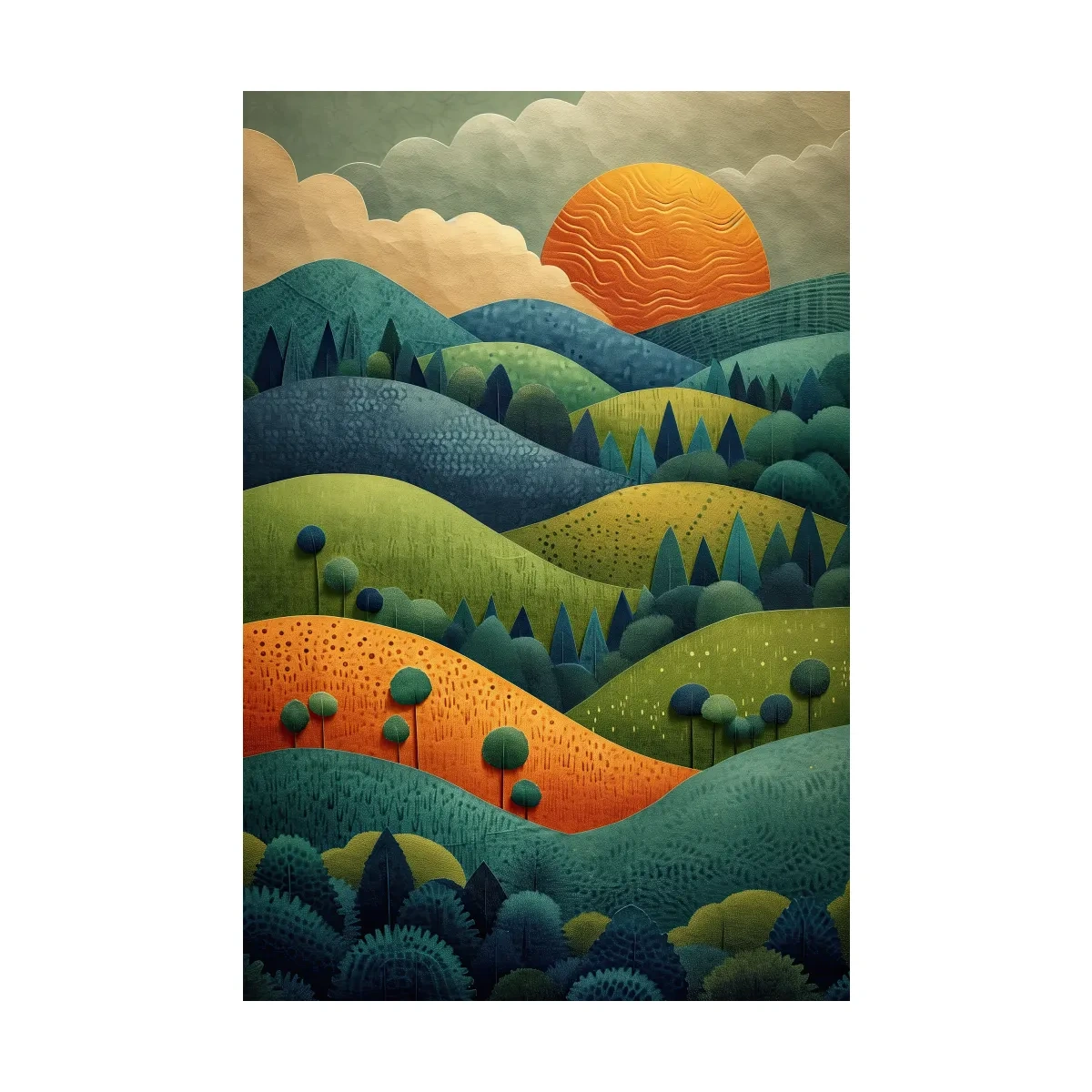 Layered Mountain Sunset Landscape - Mid Century Modern Forest Wall Art
