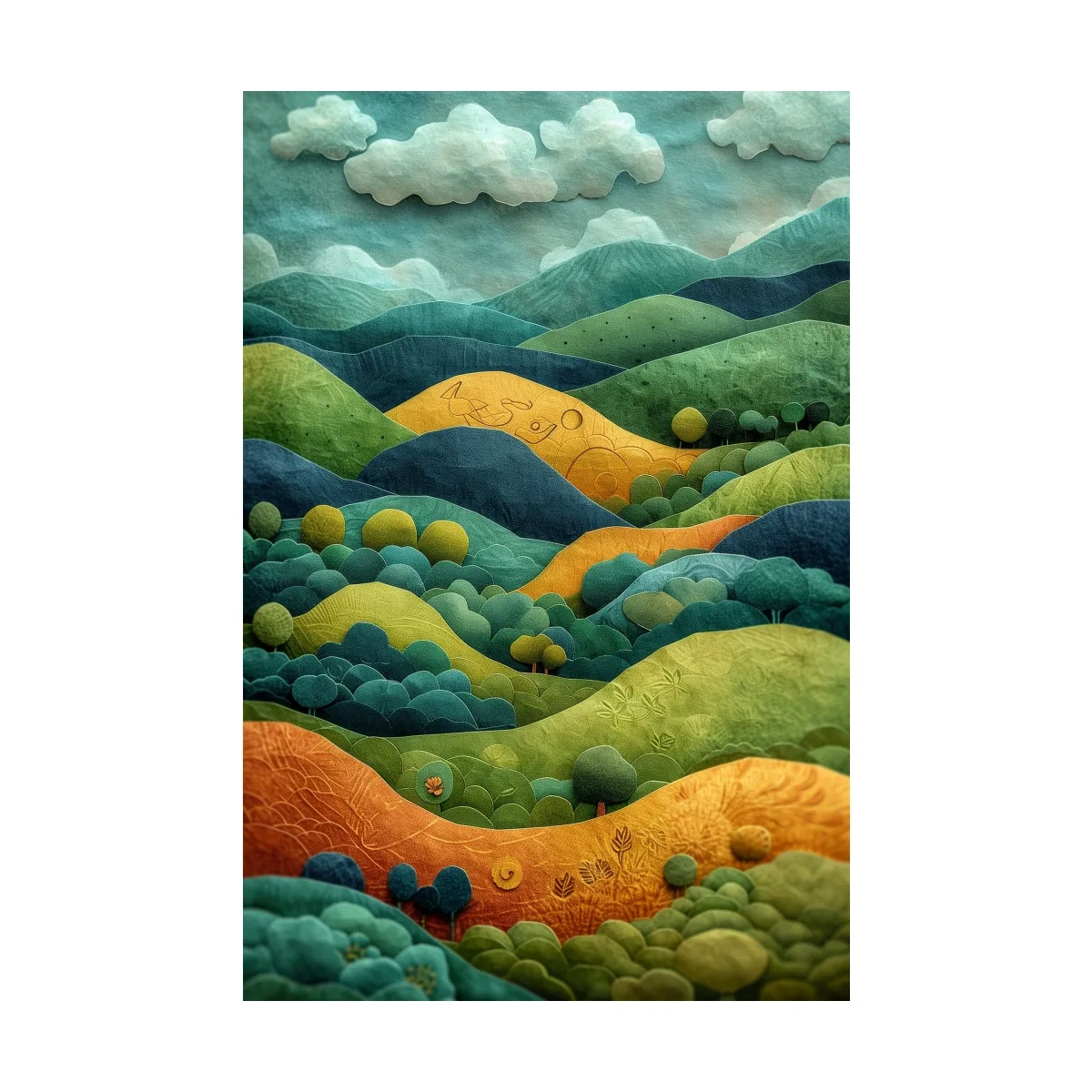 3D Layered Paper Cut Style Mountain Artwork - Whimsical Surreal Landscape Wall Art