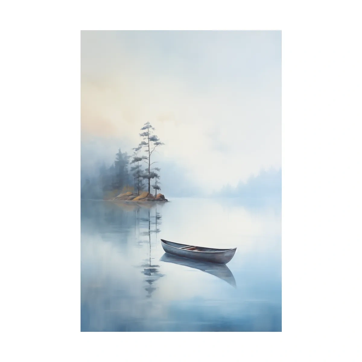 Misty Lake Canoe Painting - Serene Minimalist Watercolor Wall Art