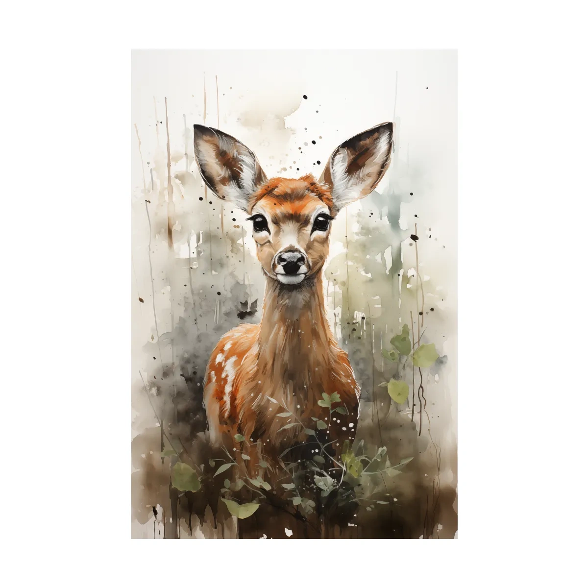 Watercolor fawn wall art, delicate forest setting artwork