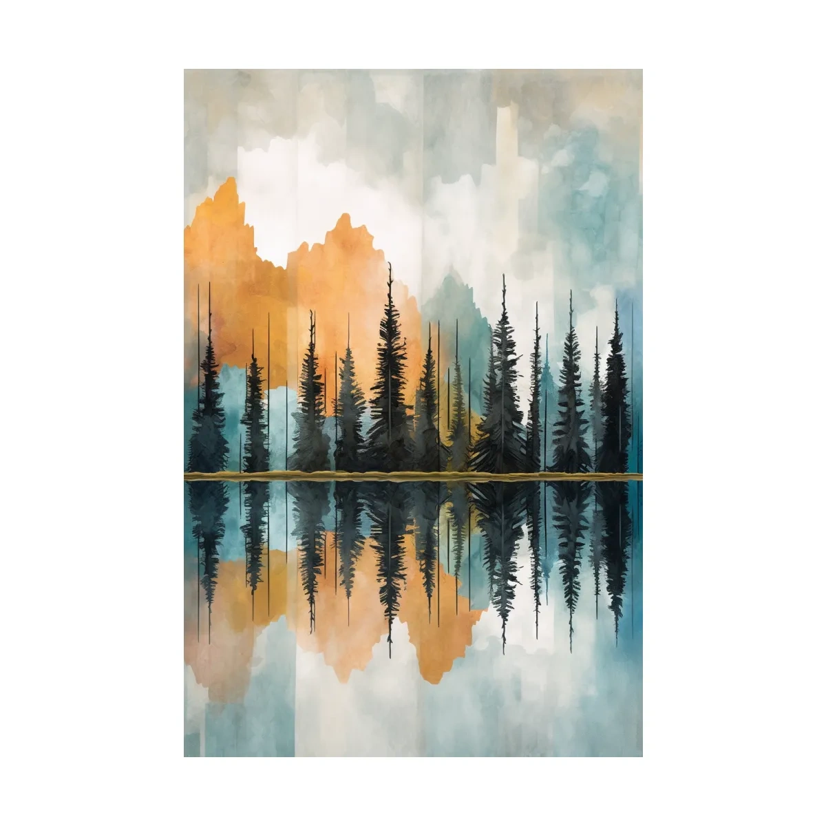 Abstract watercolour painting of trees along a lake