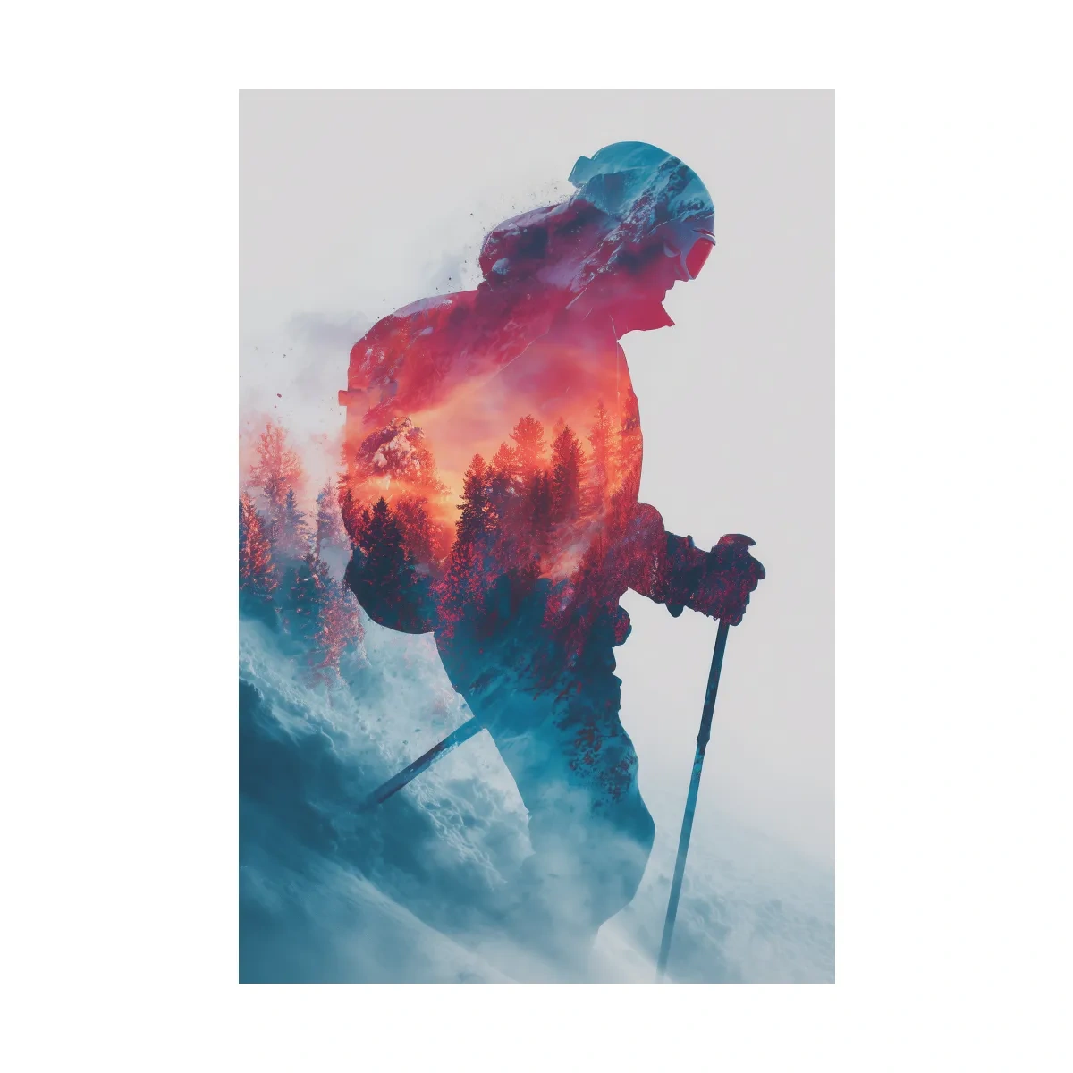 Double Exposure Skiier Silhouette Forest Sunset - Adventure Mountain Landscape Artwork
