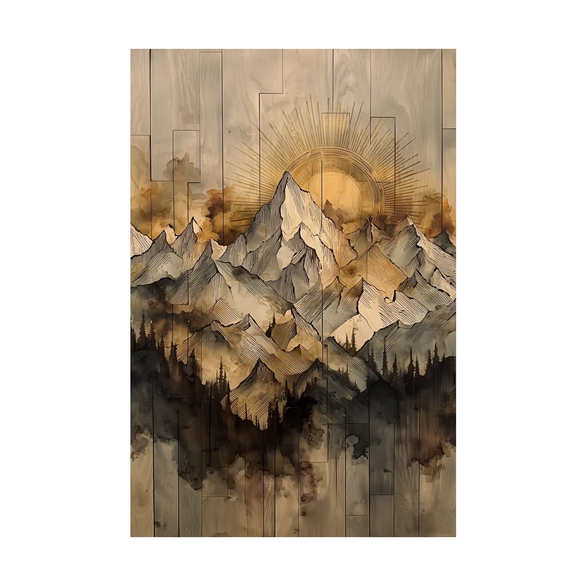 Rustic mountain peak artwork, sunlit layered wooden panel texture effect