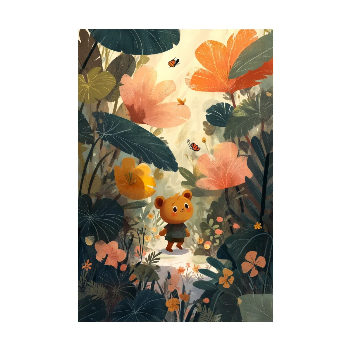 Cute bear in lush forest, whimsical children's wall art