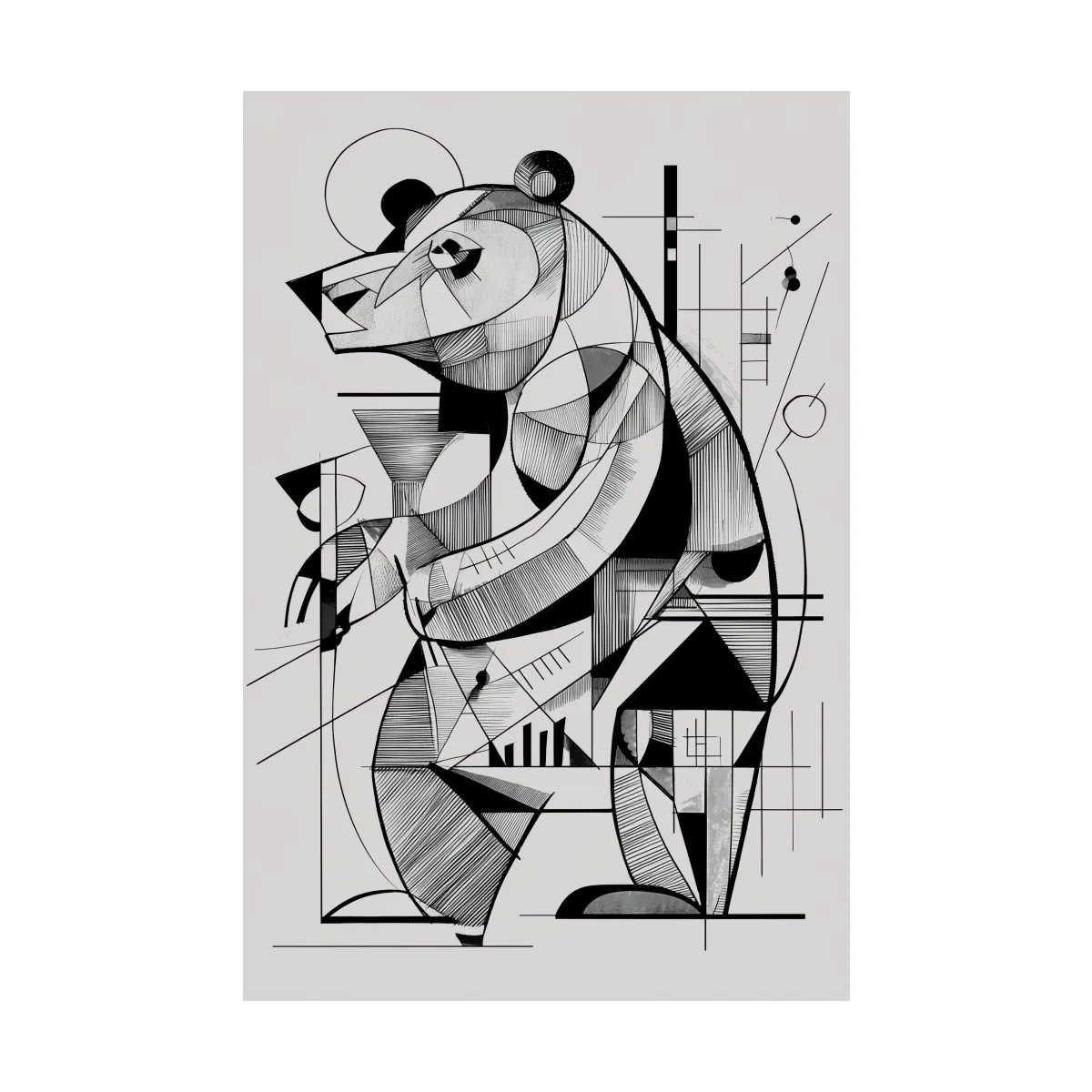 Cubism Abstract Bear Artwork - Modern Black And White Wildlife Wall Art