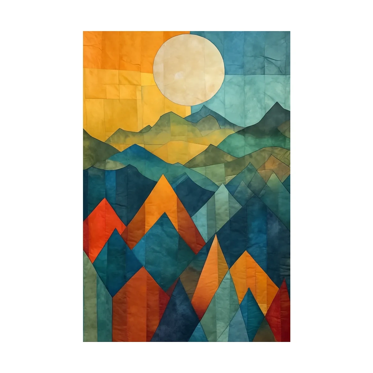 Geometric Patchwork Sunlit Mountain Range Painting - Colorful Abstract Alpine Wall Art