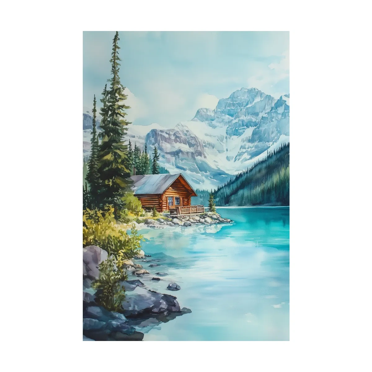 Turquoise Alpine Lake Cabin Watercolor - Serene Snowy Mountain Wall Art