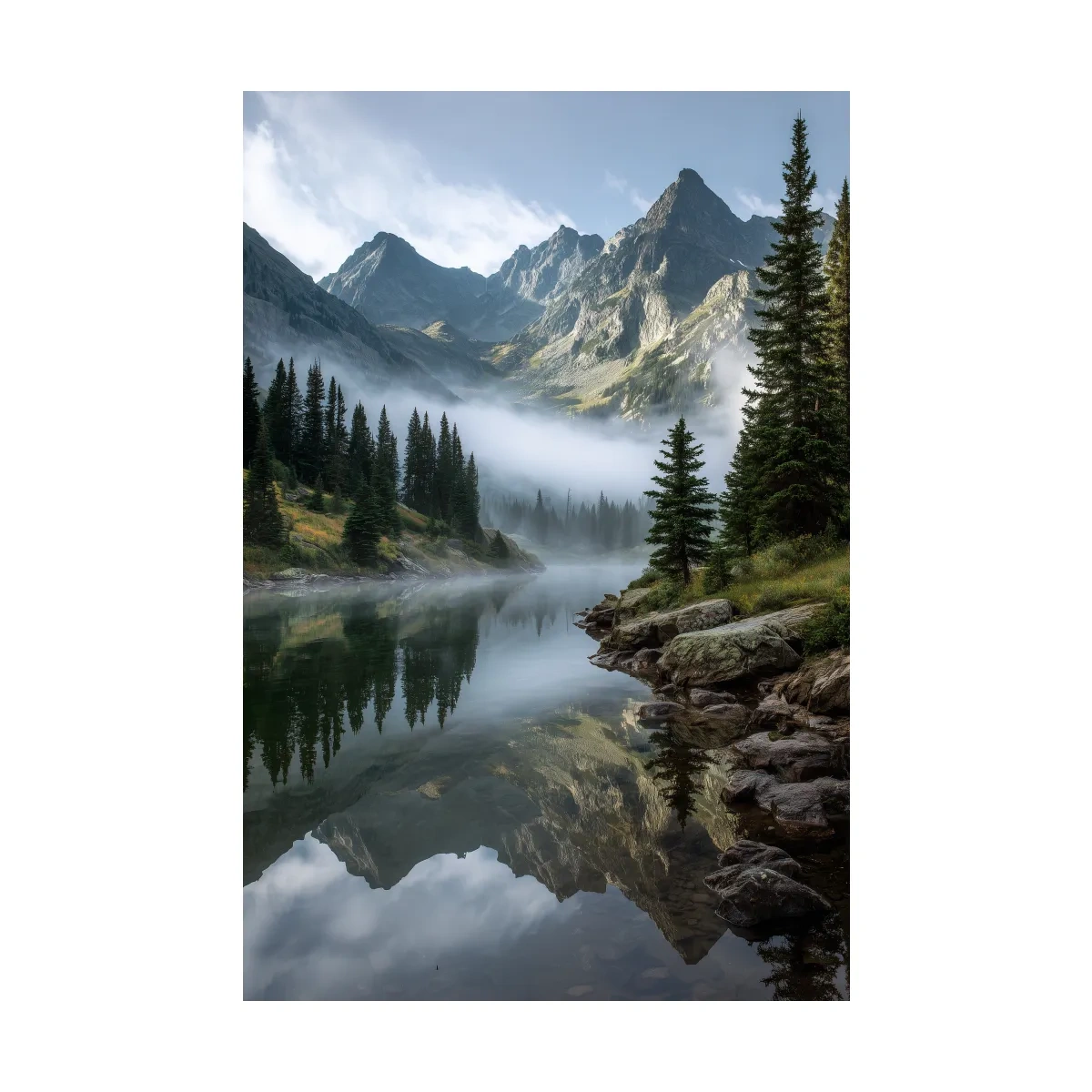 Misty Alpine Lake Photography - Serene Mountain Forest Wall Art