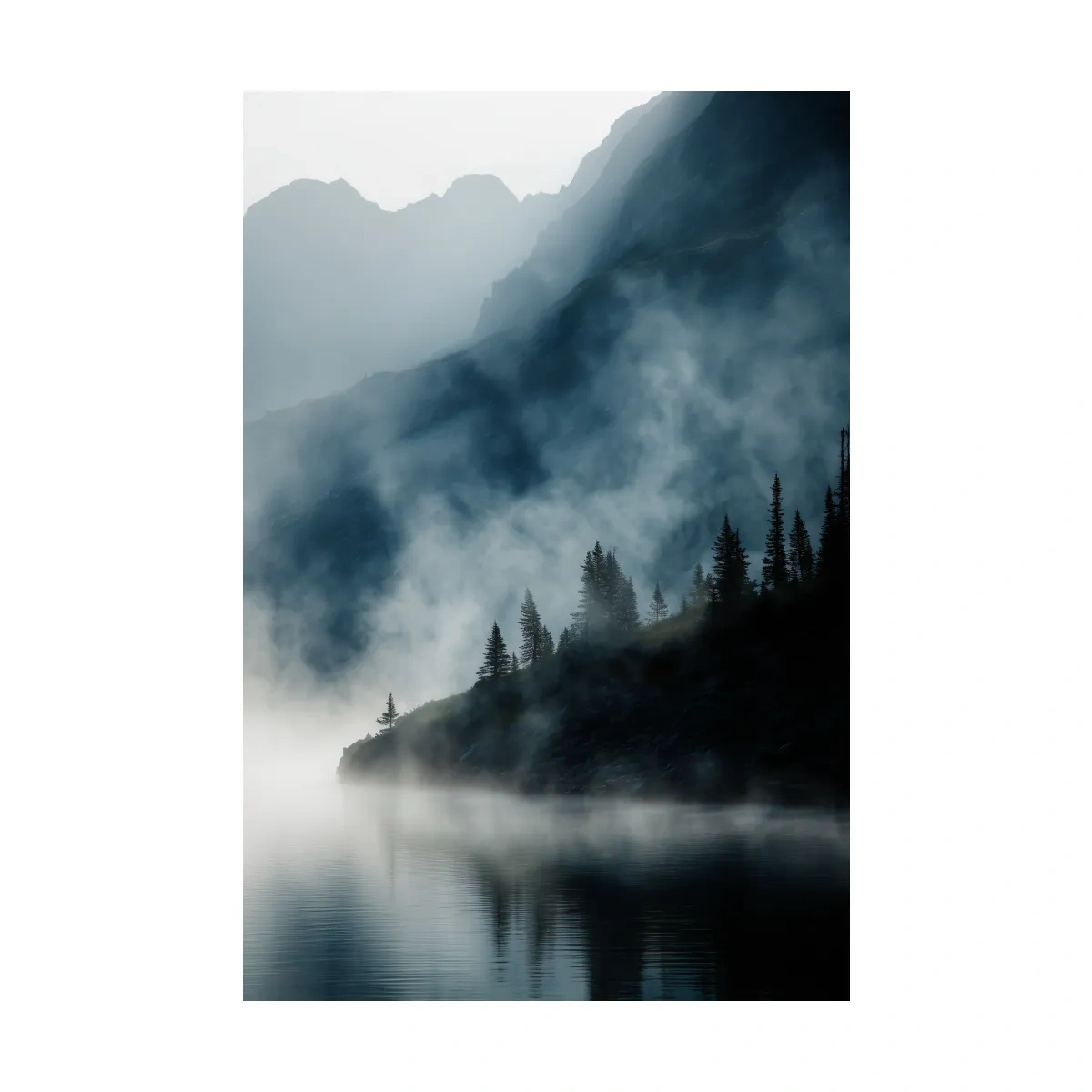 Misty Alpine Lake Landscape Photography - Foggy Pine Forest Nature Wall Art