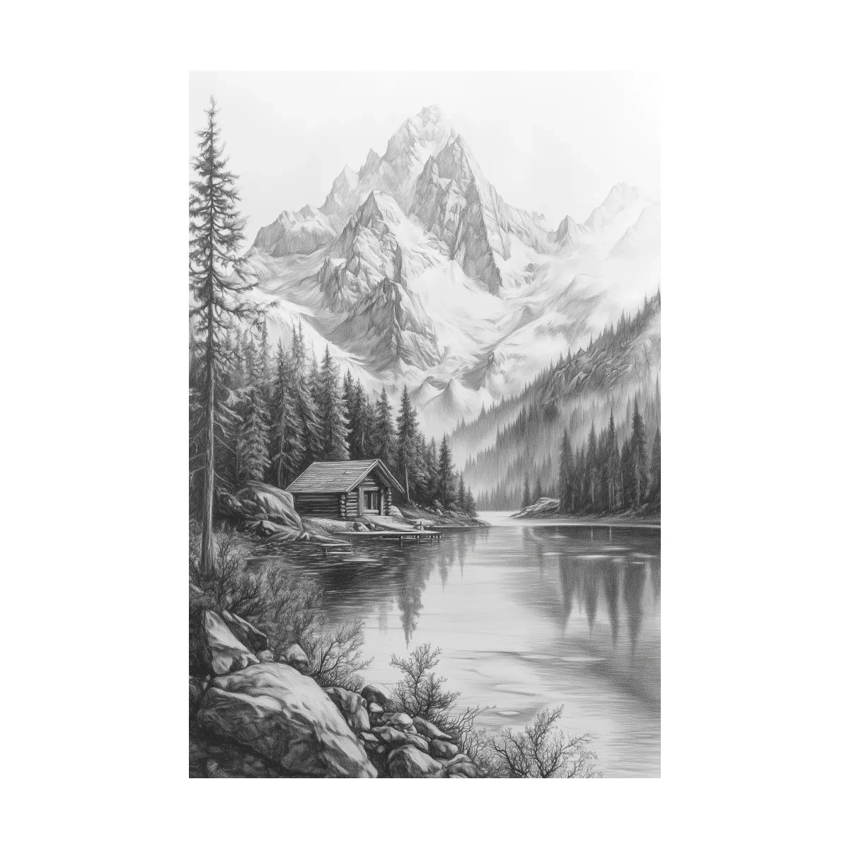 Monochrome Alpine Lake Cabin Sketch Art - Mountain Drawing Wall Art