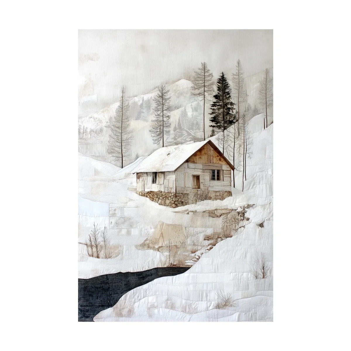Snowy Mountain Cabin Textured Painting - Winter Landscape Wall Art