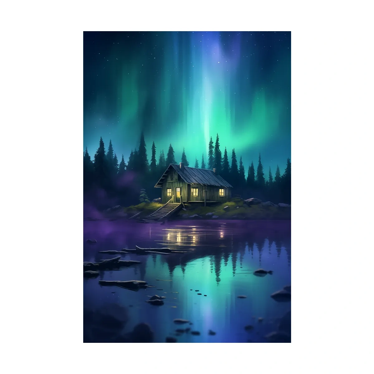 Vibrant Northern Lights Cabin Lake Painting - Aurora Borealis Night Wall Art