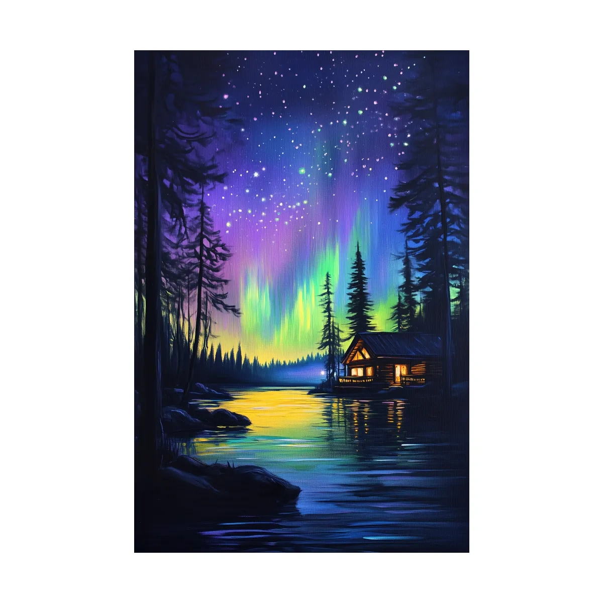Vibrant Northern Lights Lakeside Cabin Painting - Aurora Borealis Night Landscape Wall Art