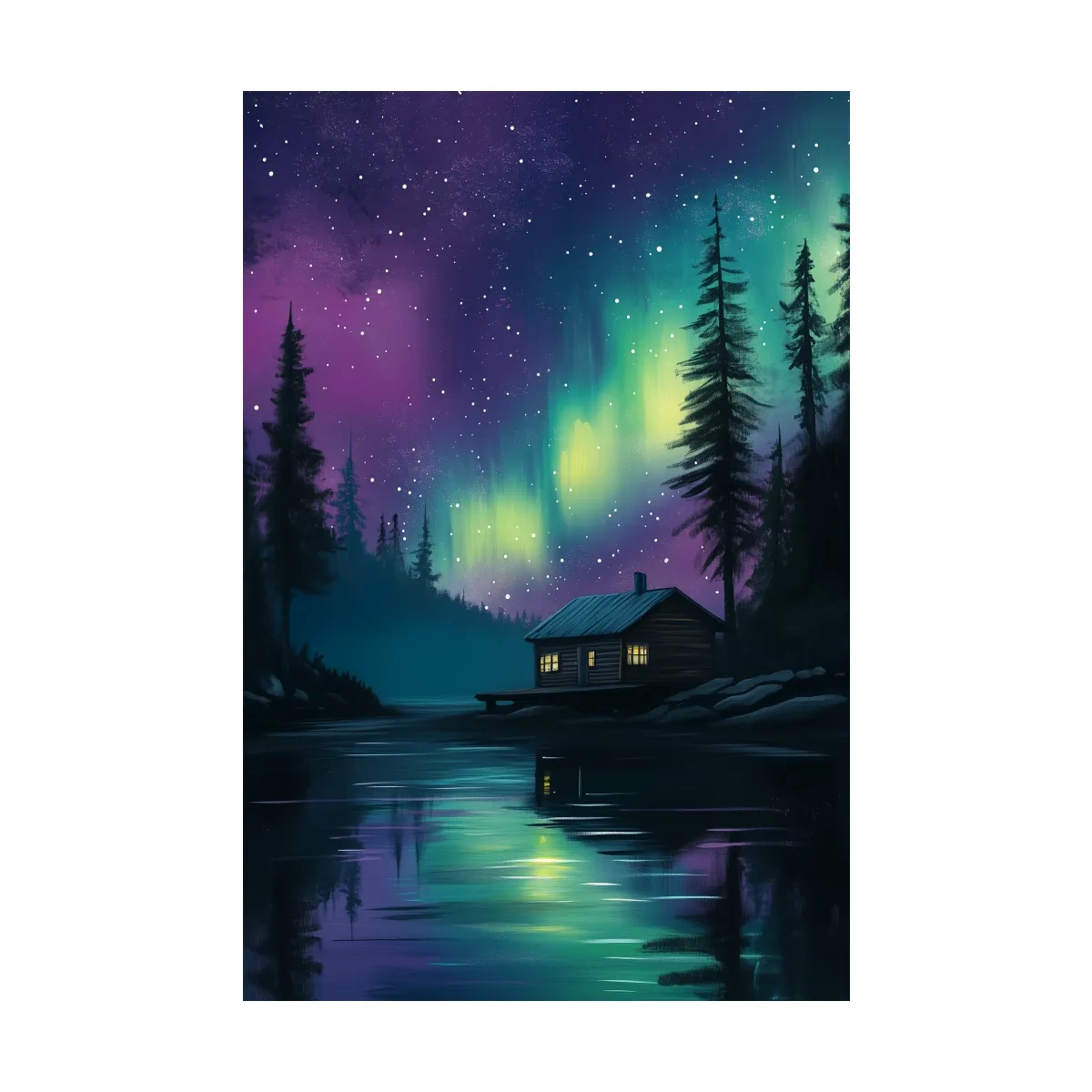 Aurora Borealis Lake Cabin Painting - Northern Lights Wall Art