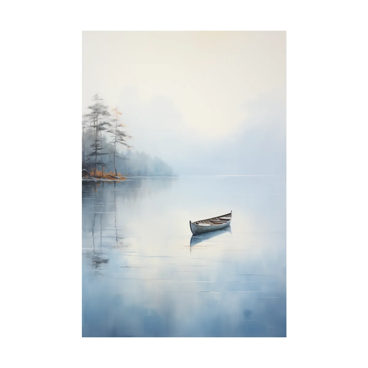 Misty Lake Canoe Reflection Painting - Serene Minimalist Waterscape Wall Art
