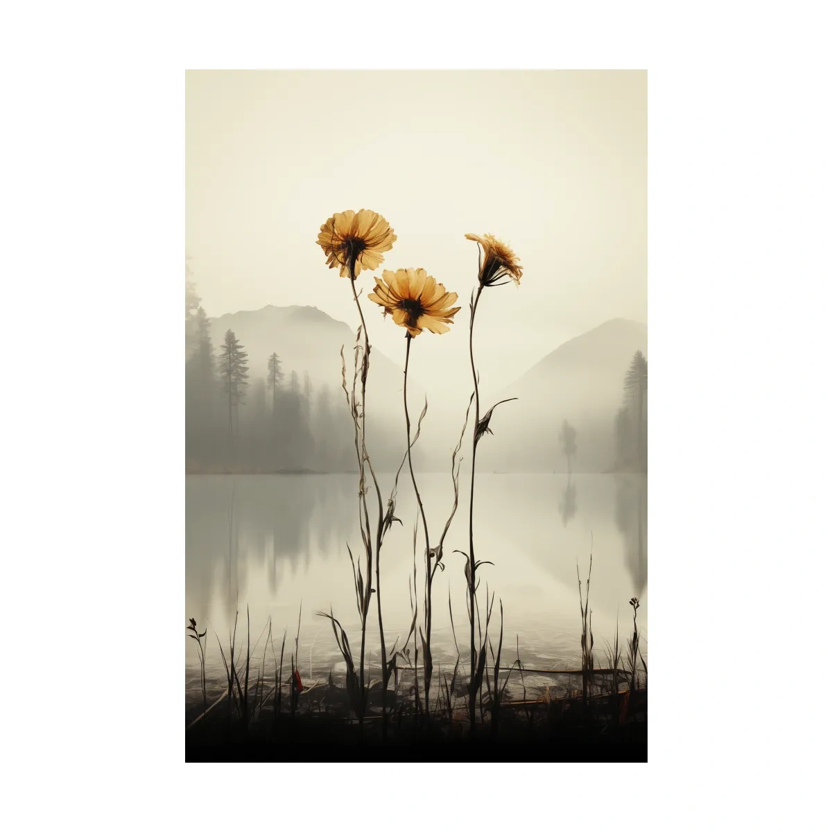 Wildflower Misty Lake Landscape - Minimalist Botanical Wall Art