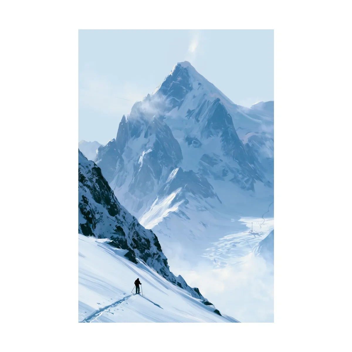 Backcountry Skier Alpine Peak Landscape - Minimalist Winter Mountain Wall Art