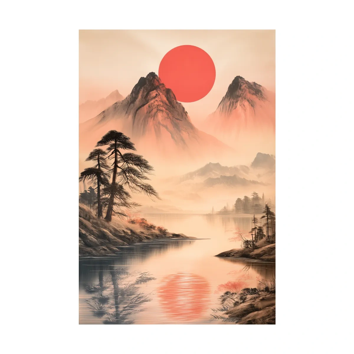 Zen Misty Mountain Lake Sunrise - Japanese Ink Wash Wall Art